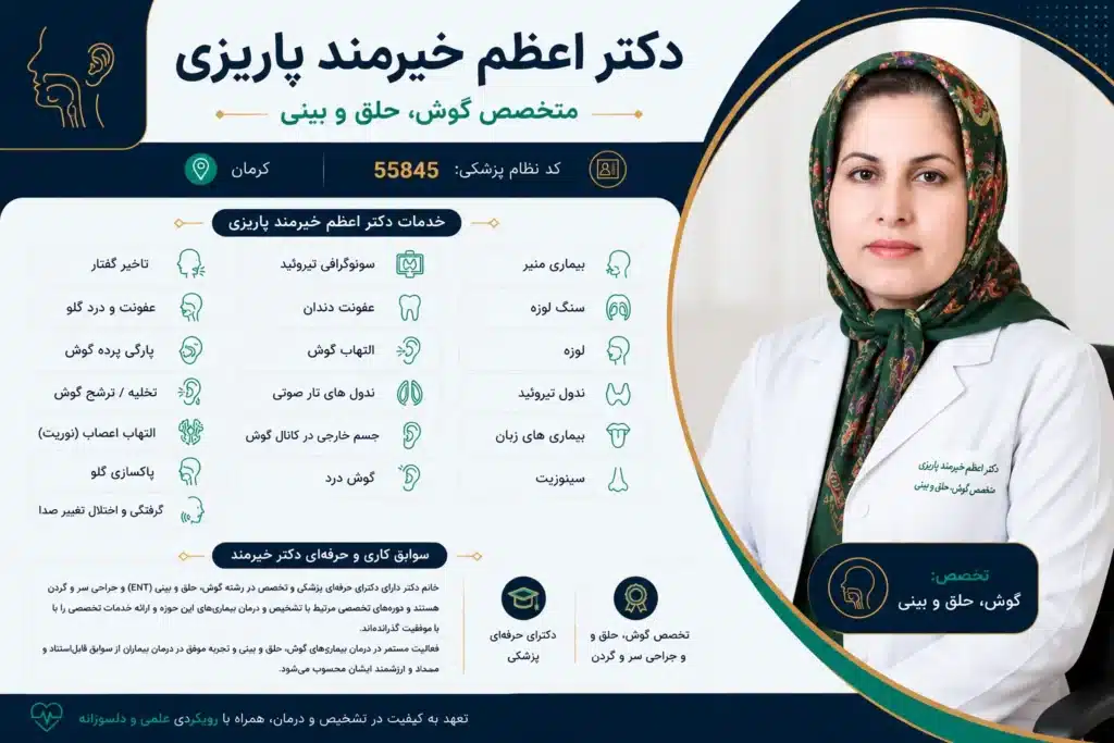 دکتر اعظم خیرمند پاریزی بهترین دکتر گوش، حلق و بینی کرمان - در کرمان کجاست