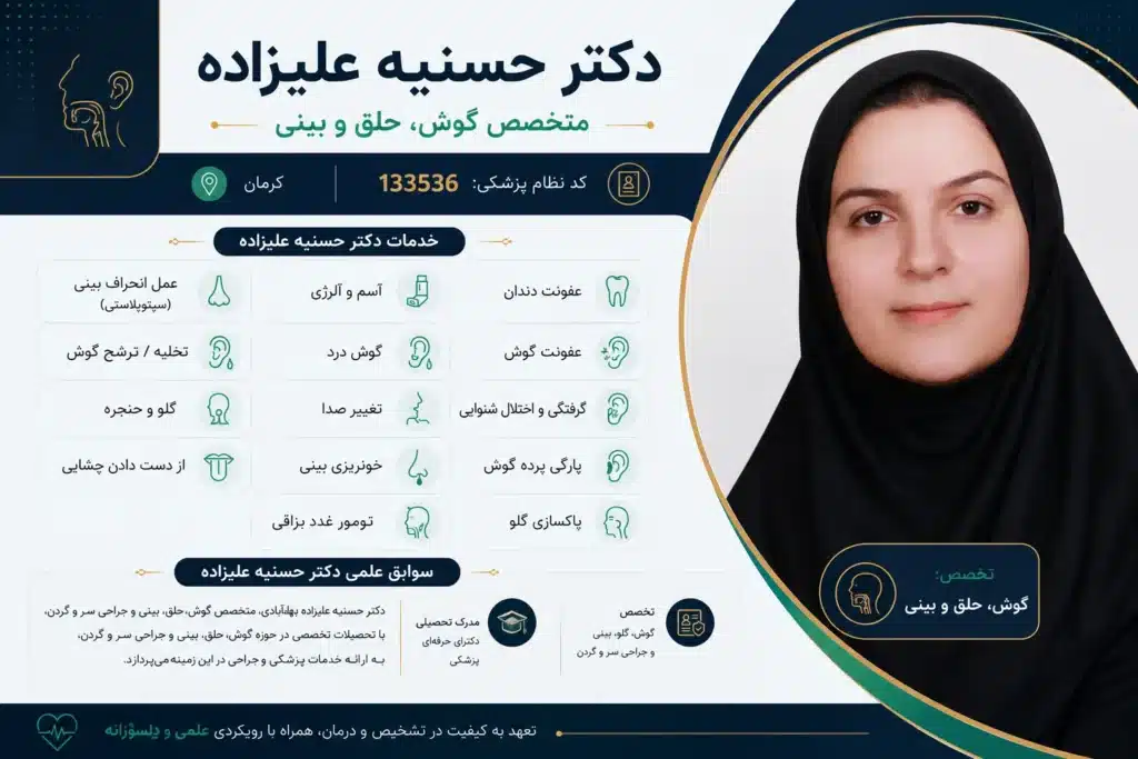 پروفایل دکتر حسنیه علیزاده بهترین دکتر گوش، حلق و بینی کرمان - در کرمان کجاست